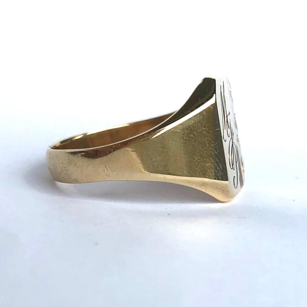 This lovely 9ct gold ring has the initials M.J.P engraved into the face of it with some subtle scroll detail also. 

Ring Size: R 1/4 or 8 3/4 
Face Dimensions: 13x11mm 

Weight: 3.13g