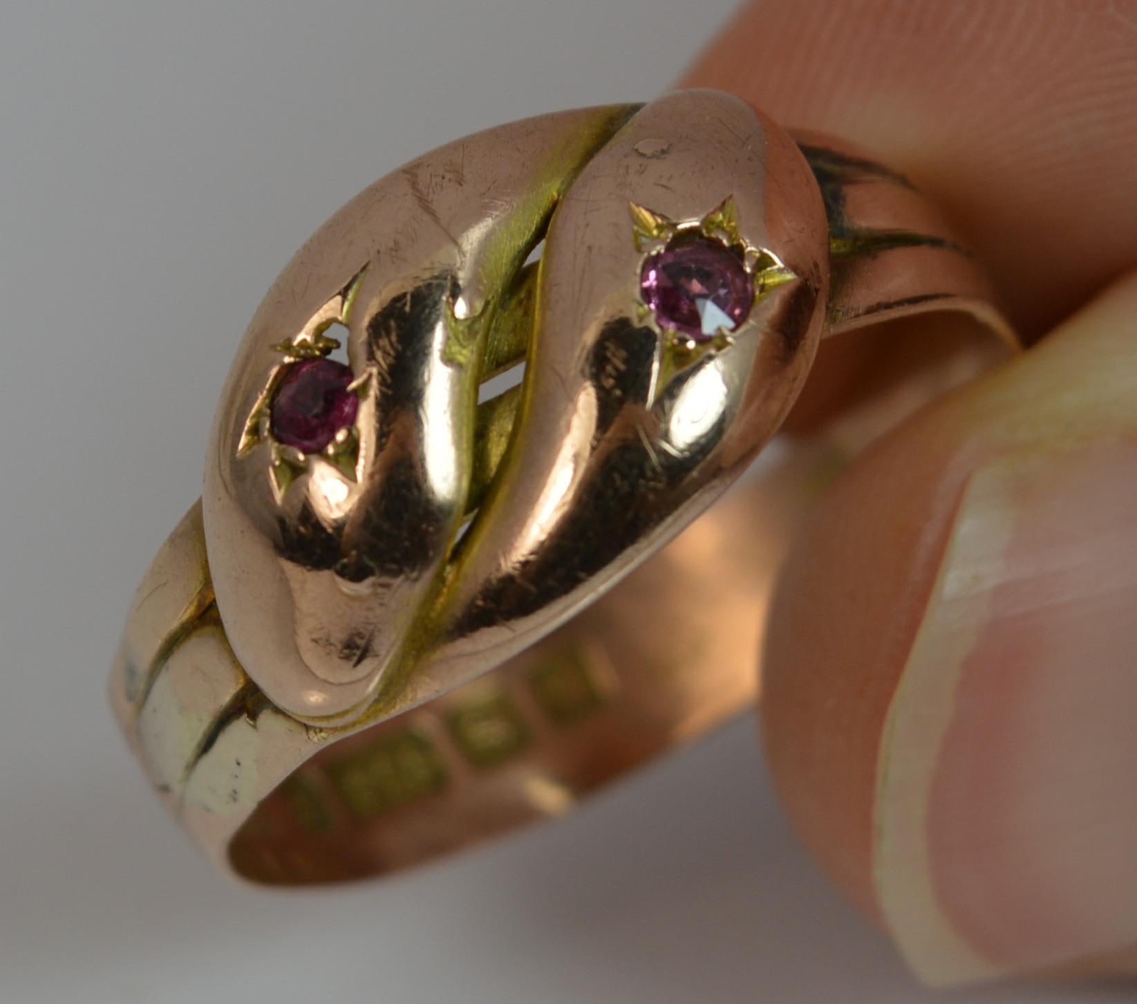 Antique 9 Carat Rose Gold and Ruby Double Snake Ring at 1stDibs