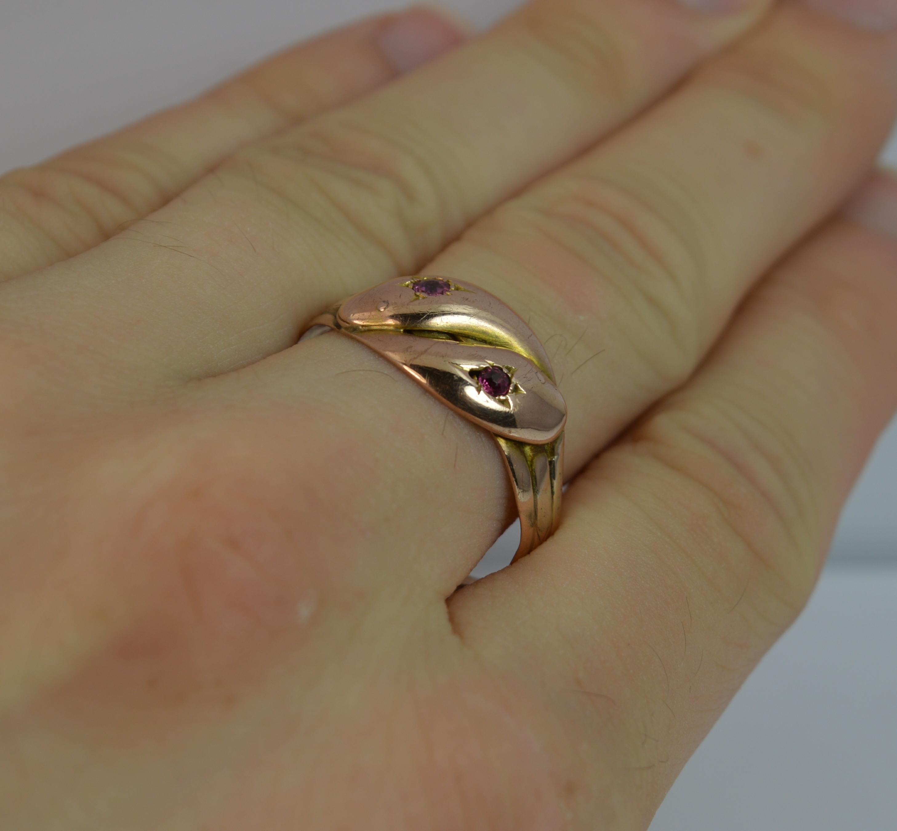 Antique 9 Carat Rose Gold and Ruby Double Snake Ring at 1stDibs