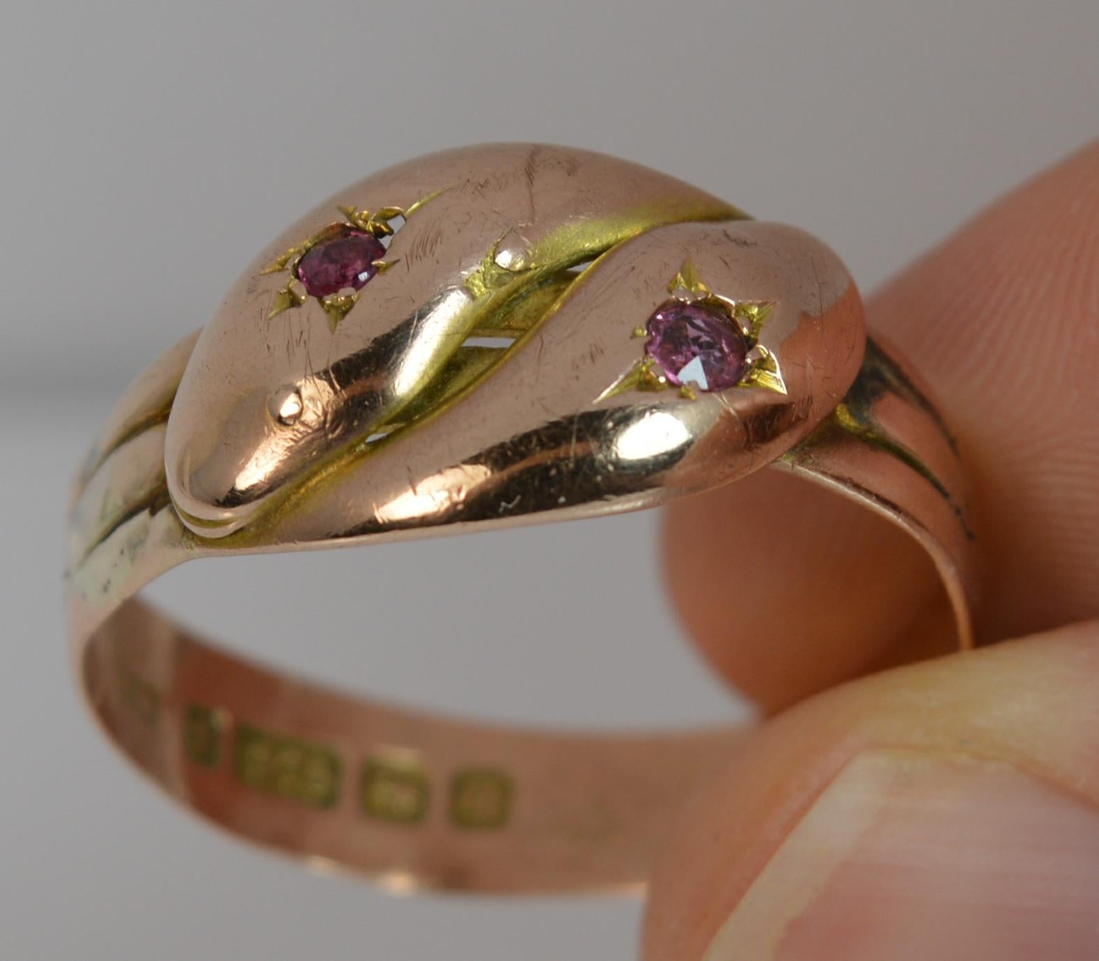 Antique 9 Carat Rose Gold and Ruby Double Snake Ring at 1stDibs