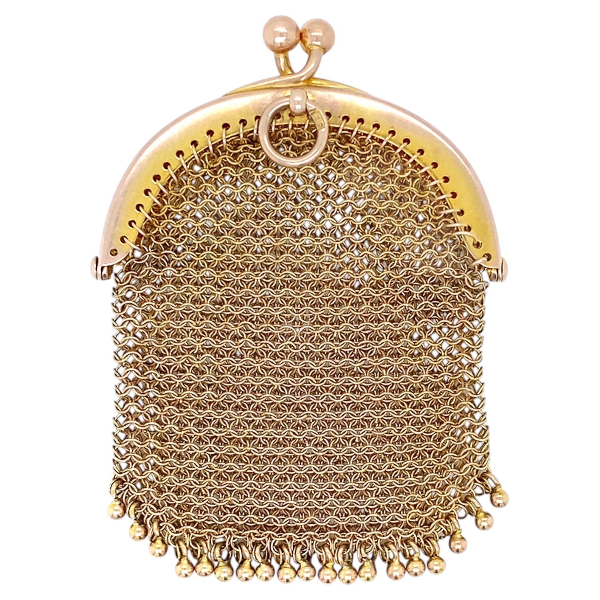 Antique 9 Carat Yellow Gold Miniature Mesh Coin Purse/ Pendant, circa 1910s