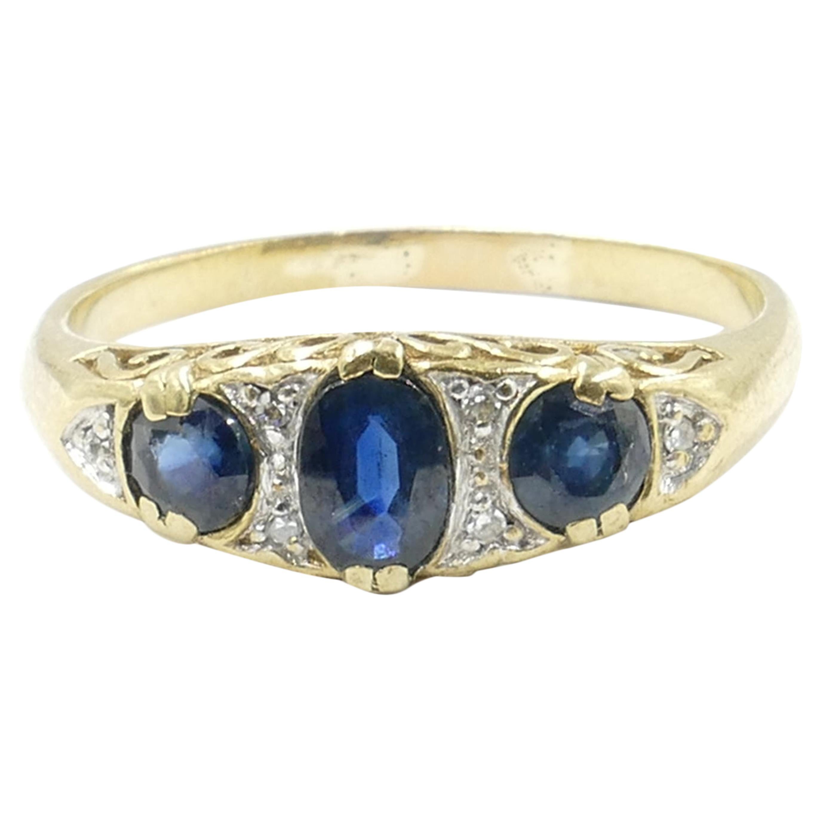 Antique 9 Carat Yellow Gold Sapphire and Diamond Large Finger Size Dress Ring For Sale
