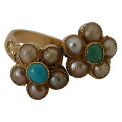 Antique 9 Carat Yellow Gold Turquoise, Diamond and Pearl Flower Ring