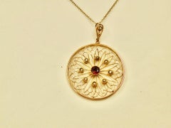 Antique 9 Ct Gold Garnet & Seed Pearl pendant on original 9 Ct Chain Circa 1910