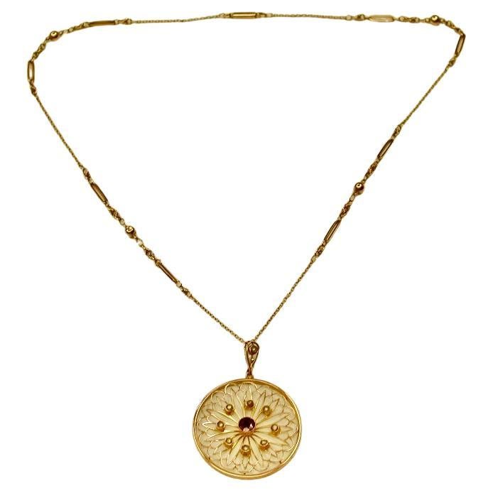 Antique 9 Ct Gold Garnet & Seed Pearl pendant on original 9 Ct Chain Circa 1910