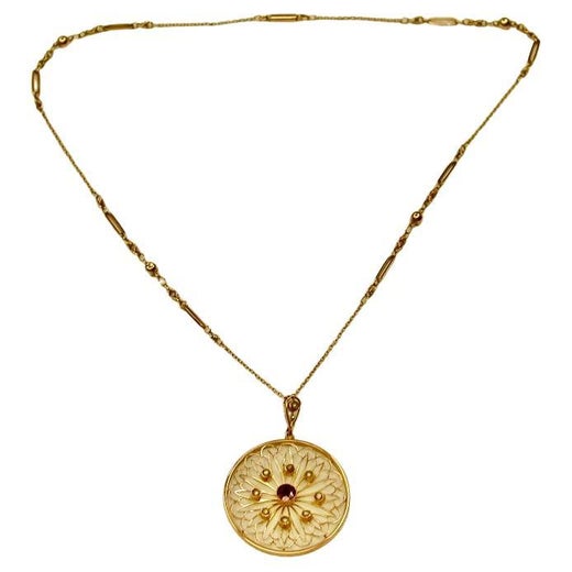 Antique 9 Ct Gold Garnet & Seed Pearl pendant on original 9 Ct Chain Circa 1910