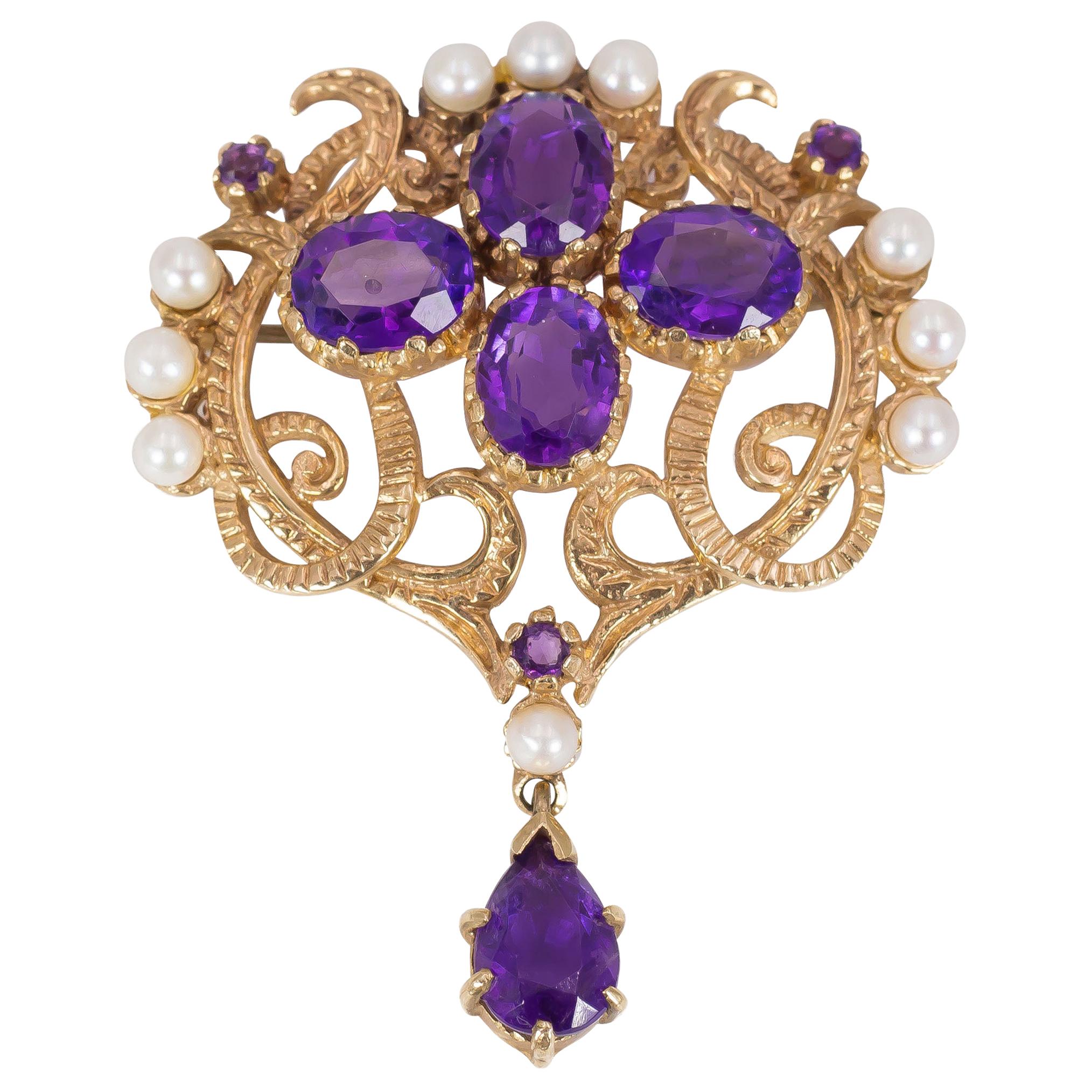 Antique 9 Karat Gold, Amethyst and Bead Brooch, Early 1900 For Sale