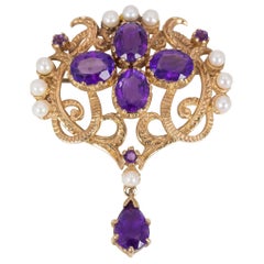 Antique 9 Karat Gold, Amethyst and Bead Brooch, Early 1900