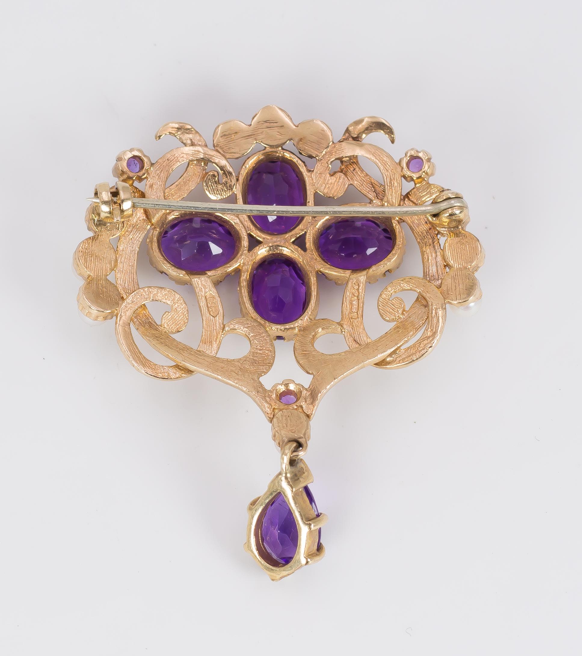 Women's Antique 9 Karat Gold, Amethyst and Bead Brooch, Early 1900 For Sale