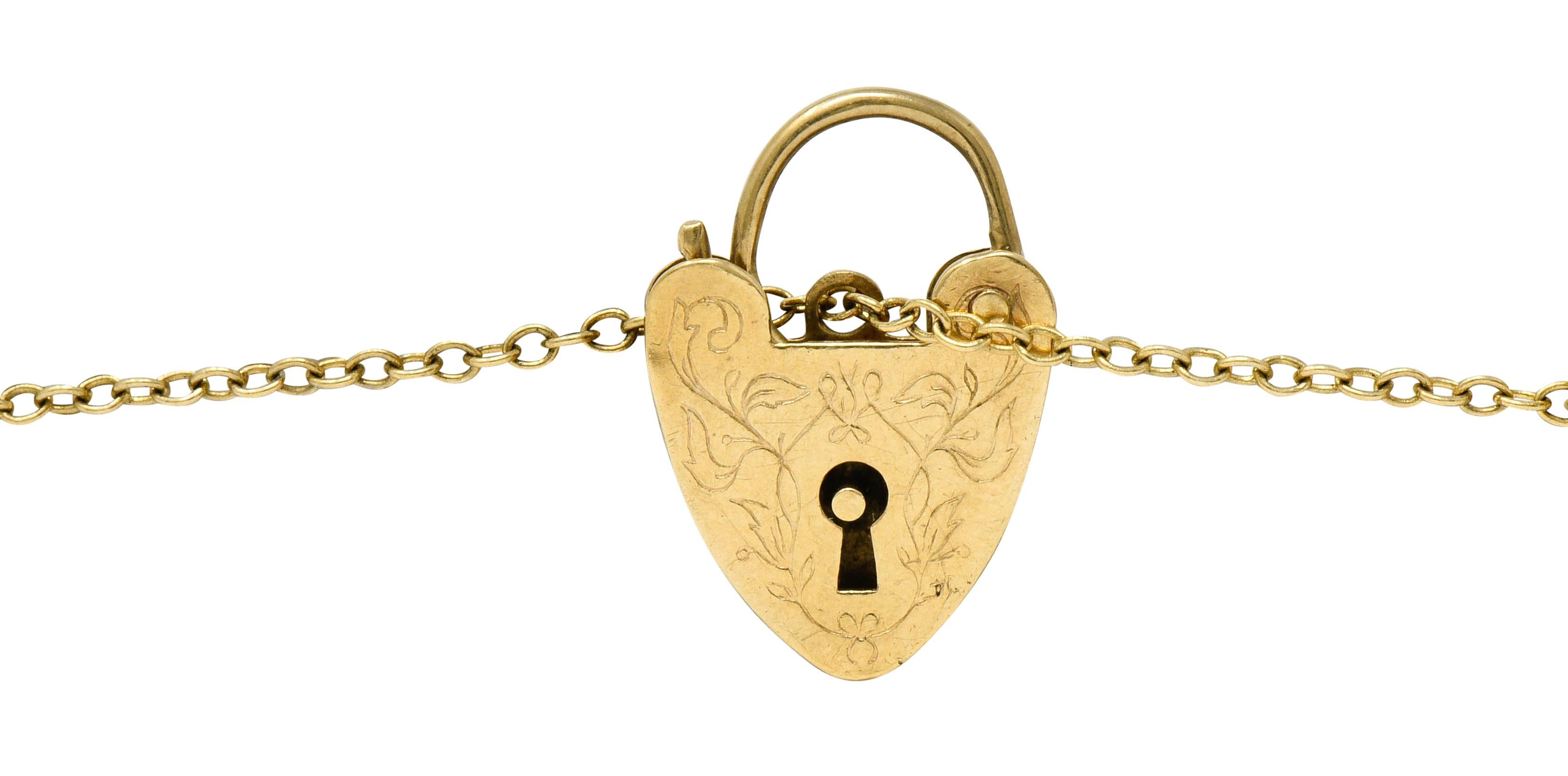 Antikes 9 Karat Gold Britisches Herz Vorhängeschloss Charm Armband (Edwardian)