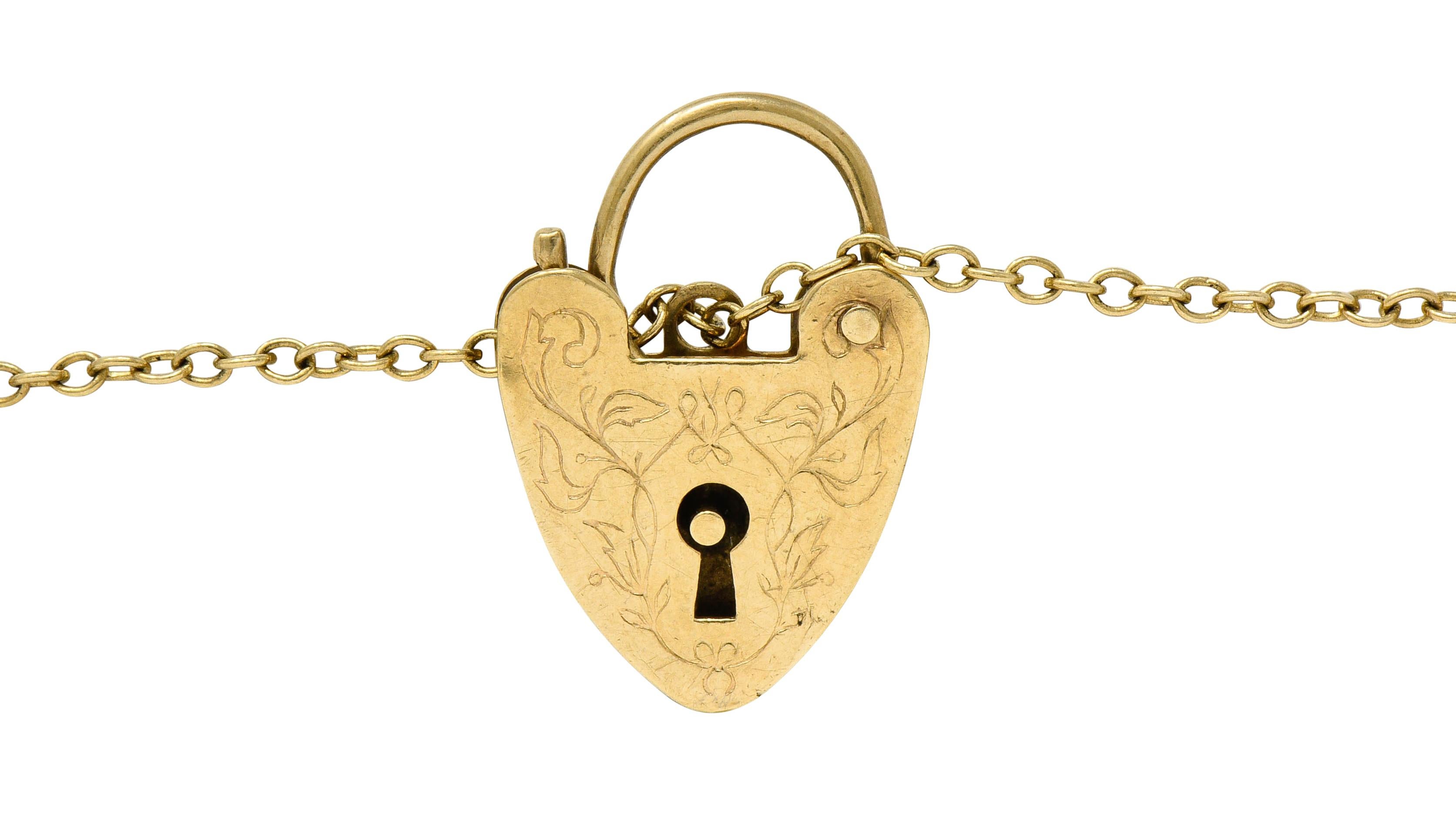 Antikes 9 Karat Gold Britisches Herz Vorhängeschloss Charm Armband 1