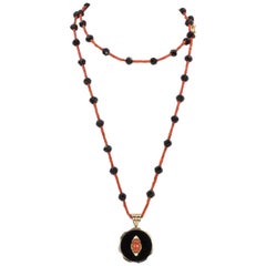 Antique 9 Karat Gold, Coral and Onyx Beaded Necklace, Early 20th Century