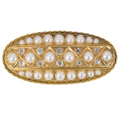Antique 9 Karat Gold, Diamond and Pearl Brooch, Early 1900