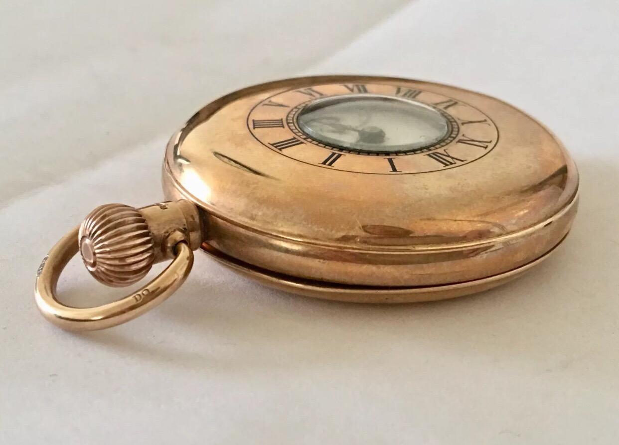 Antique 9 Karat Gold Keyless Half Hunter Dennison Case Pocket Watch For Sale 6