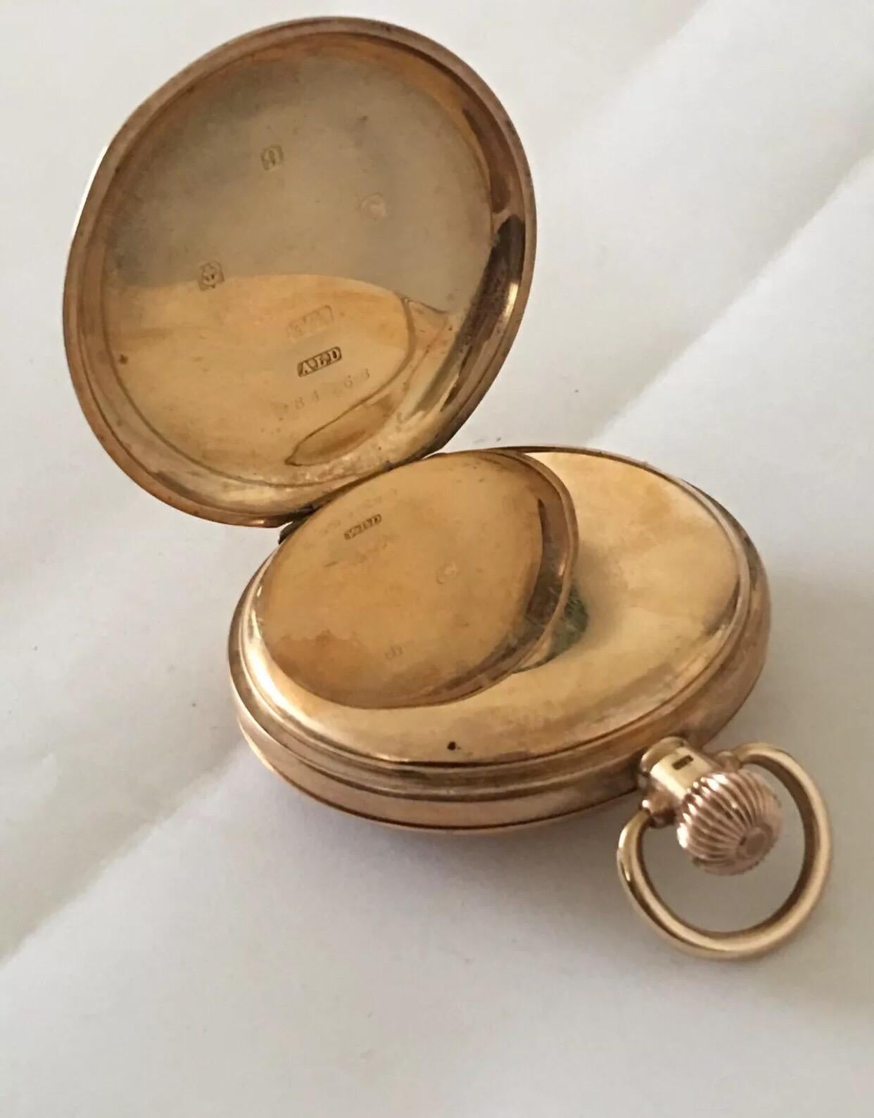 Antique 9 Karat Gold Keyless Half Hunter Dennison Case Pocket Watch In Good Condition For Sale In Carlisle, GB
