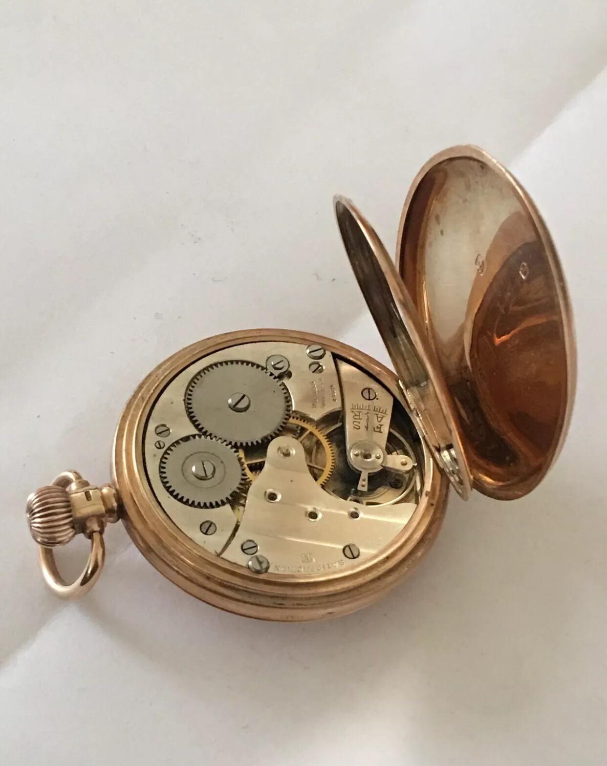 Women's or Men's Antique 9 Karat Gold Keyless Half Hunter Dennison Case Pocket Watch For Sale