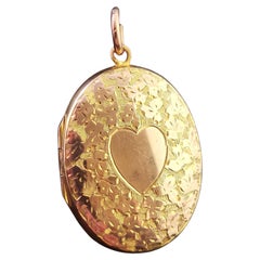 Antique 9 Karat Gold Locket Pendant, 1910s, Heart, Engraved