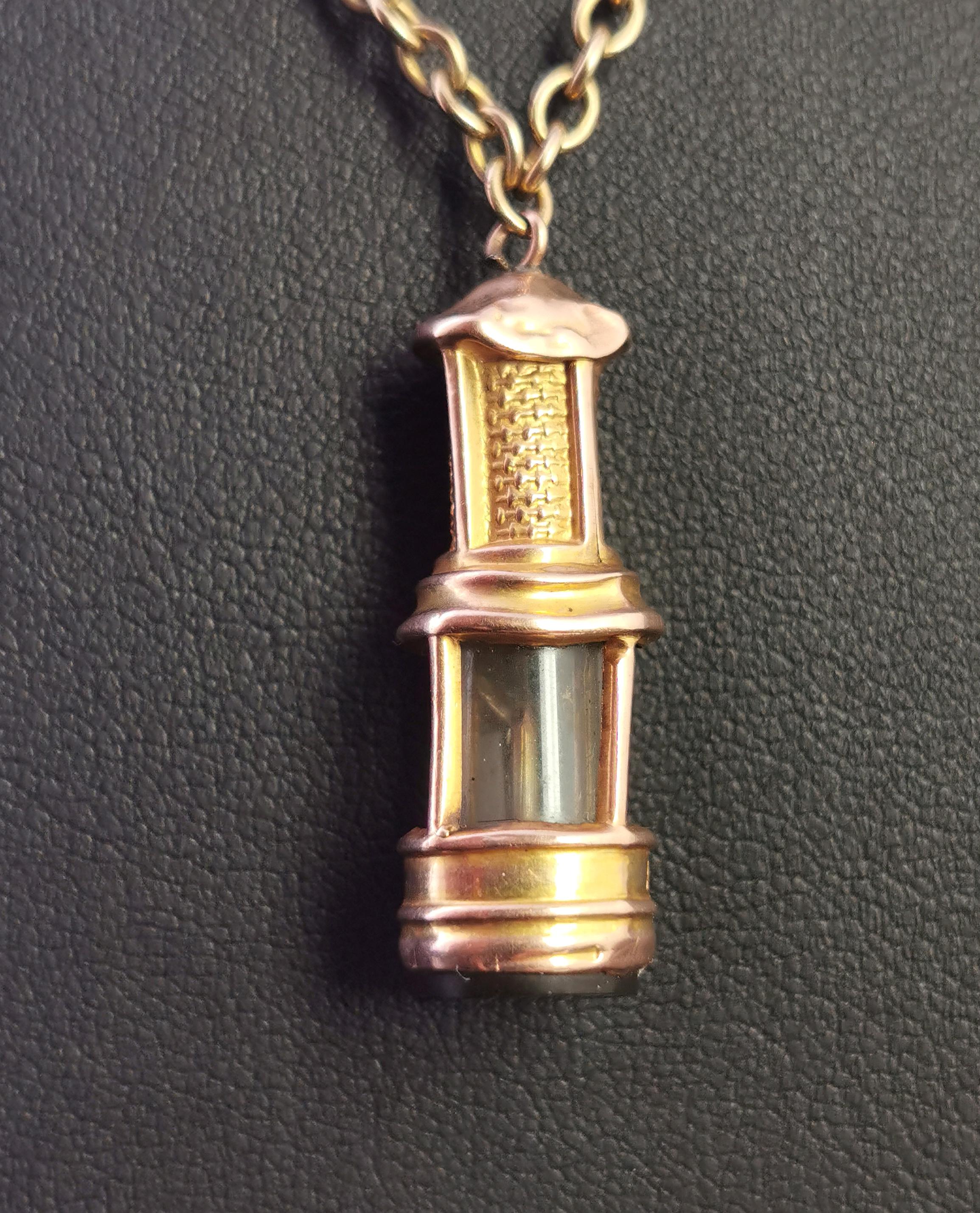 Antique 9 Karat Gold Miners Lamp Pendant, Seal, Gold Necklace 4