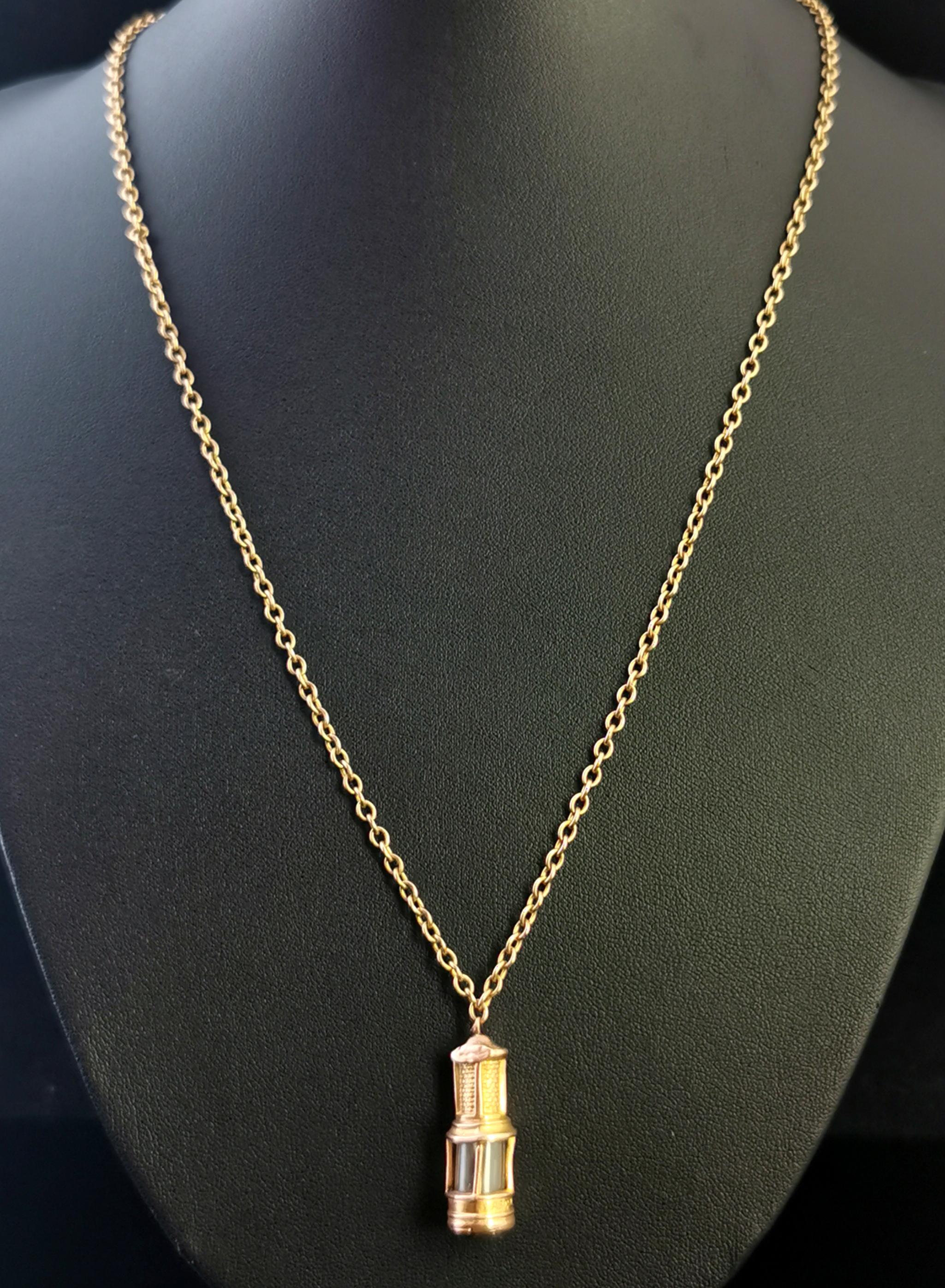 Edwardian Antique 9 Karat Gold Miners Lamp Pendant, Seal, Gold Necklace