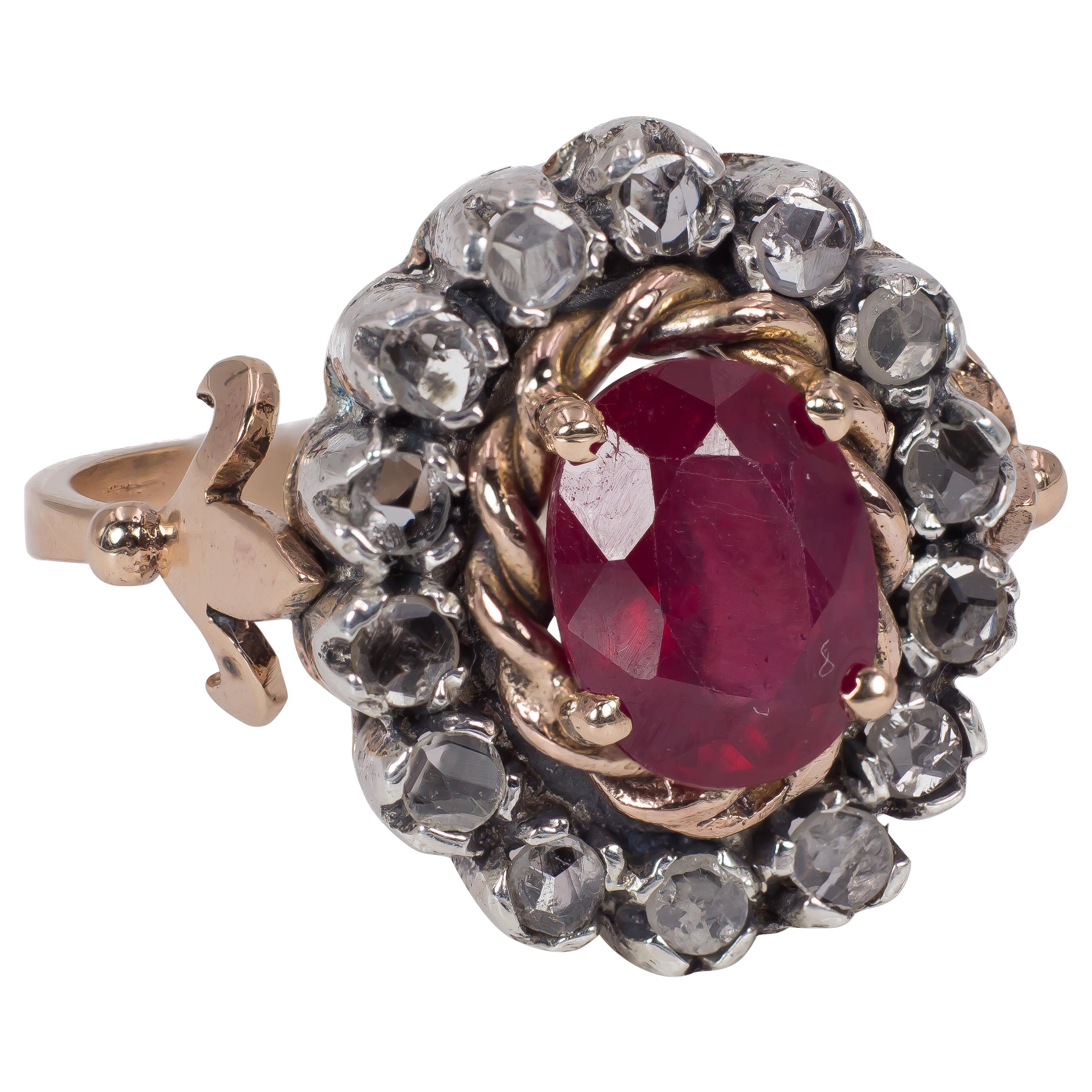Antique 9 Karat Gold, Ruby and Rose Cut Diamond Ring, 1940s