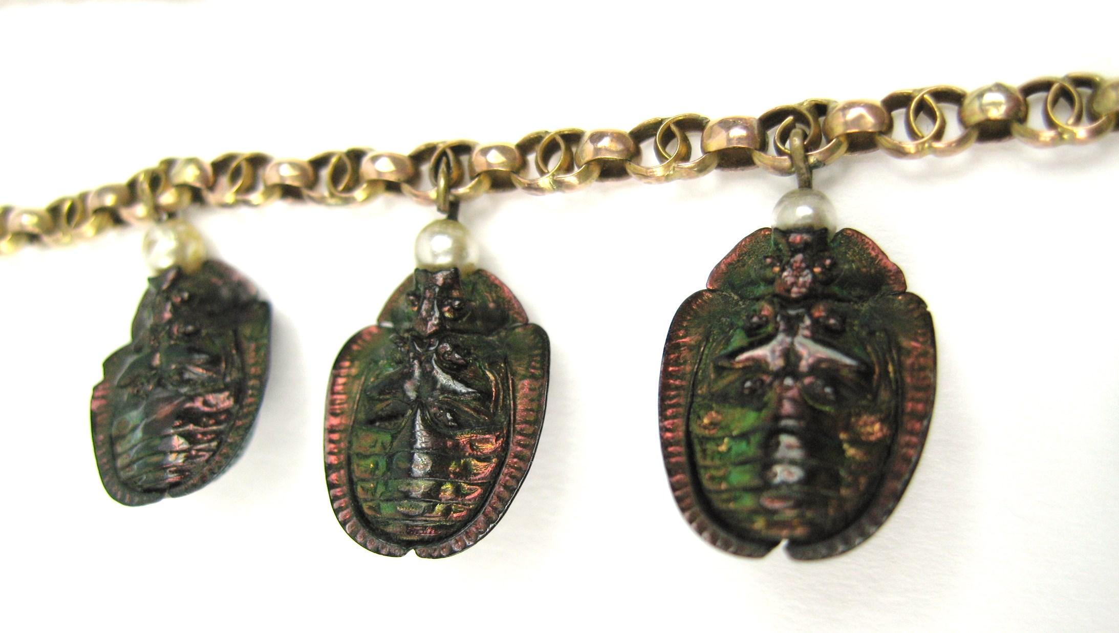 Antique 9 Karat Gold Scarab Beetle Necklace with Pearls For Sale 4
