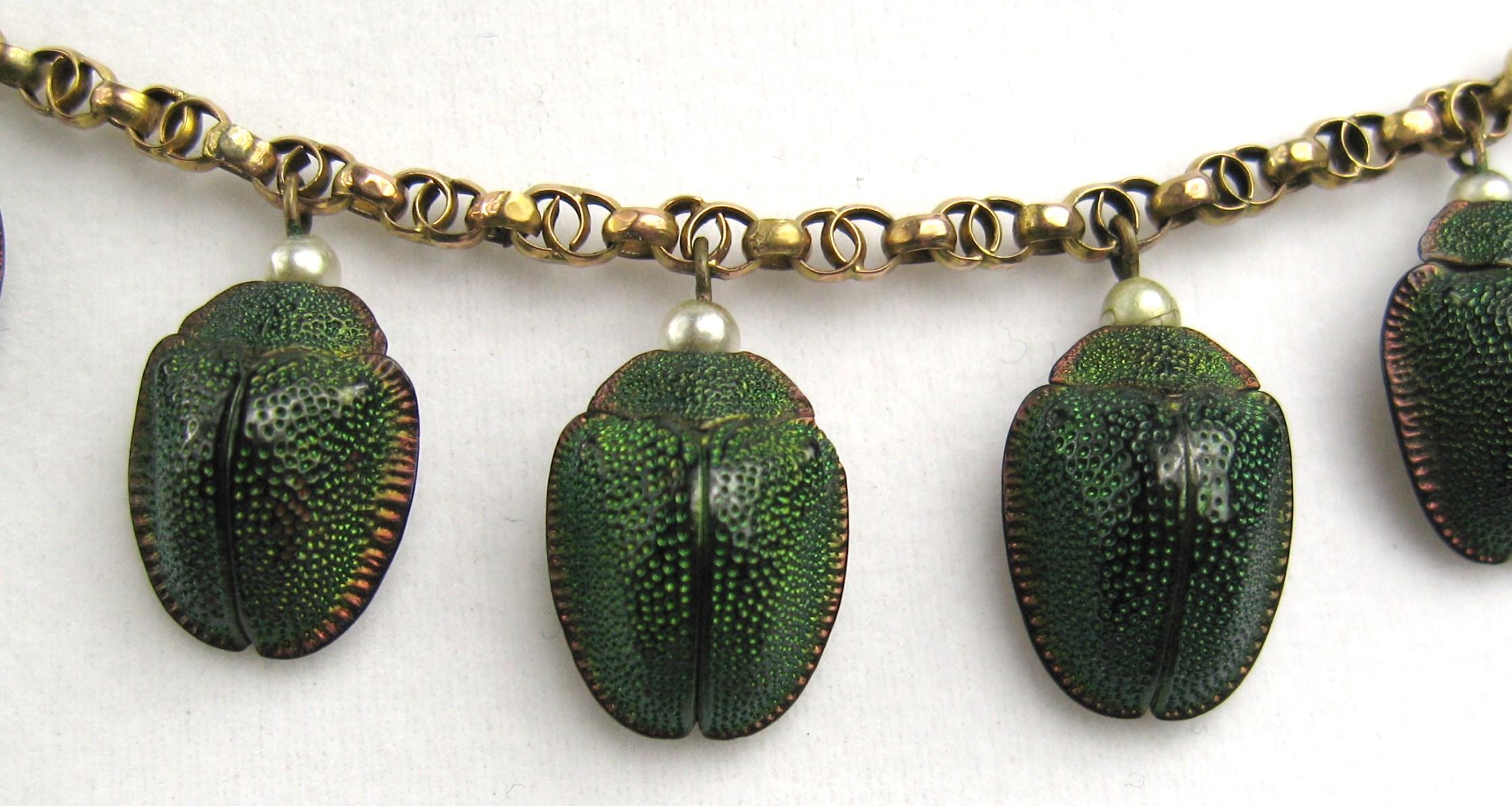 Antique 9 Karat Gold Scarab Beetle Necklace with Pearls In Good Condition For Sale In Wallkill, NY