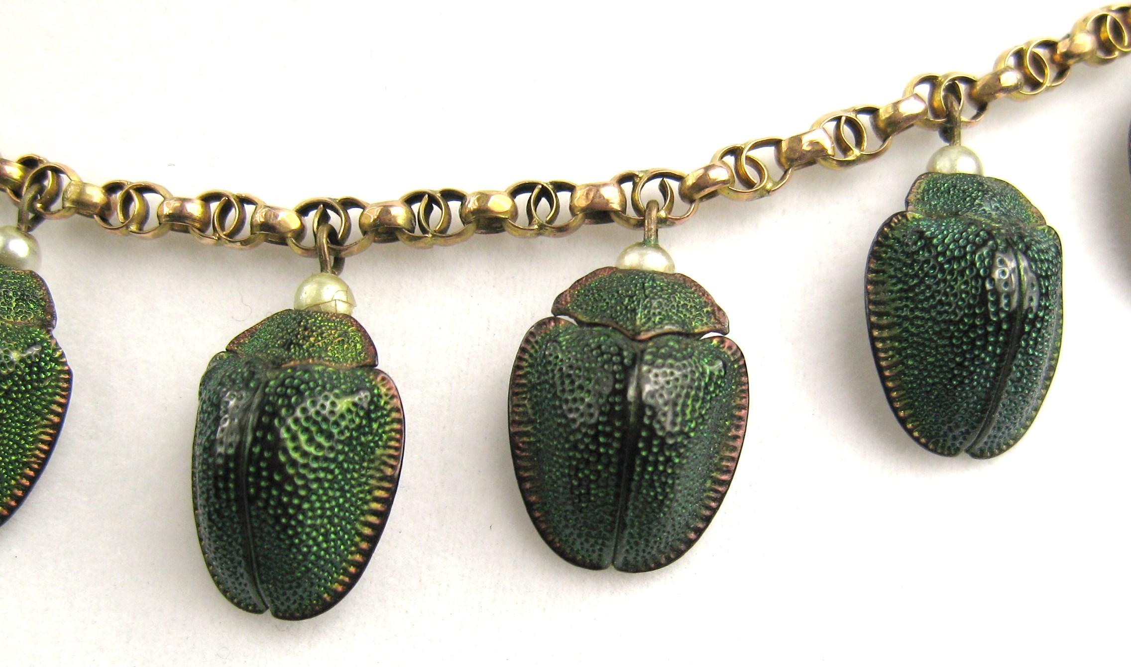 Women's Antique 9 Karat Gold Scarab Beetle Necklace with Pearls For Sale