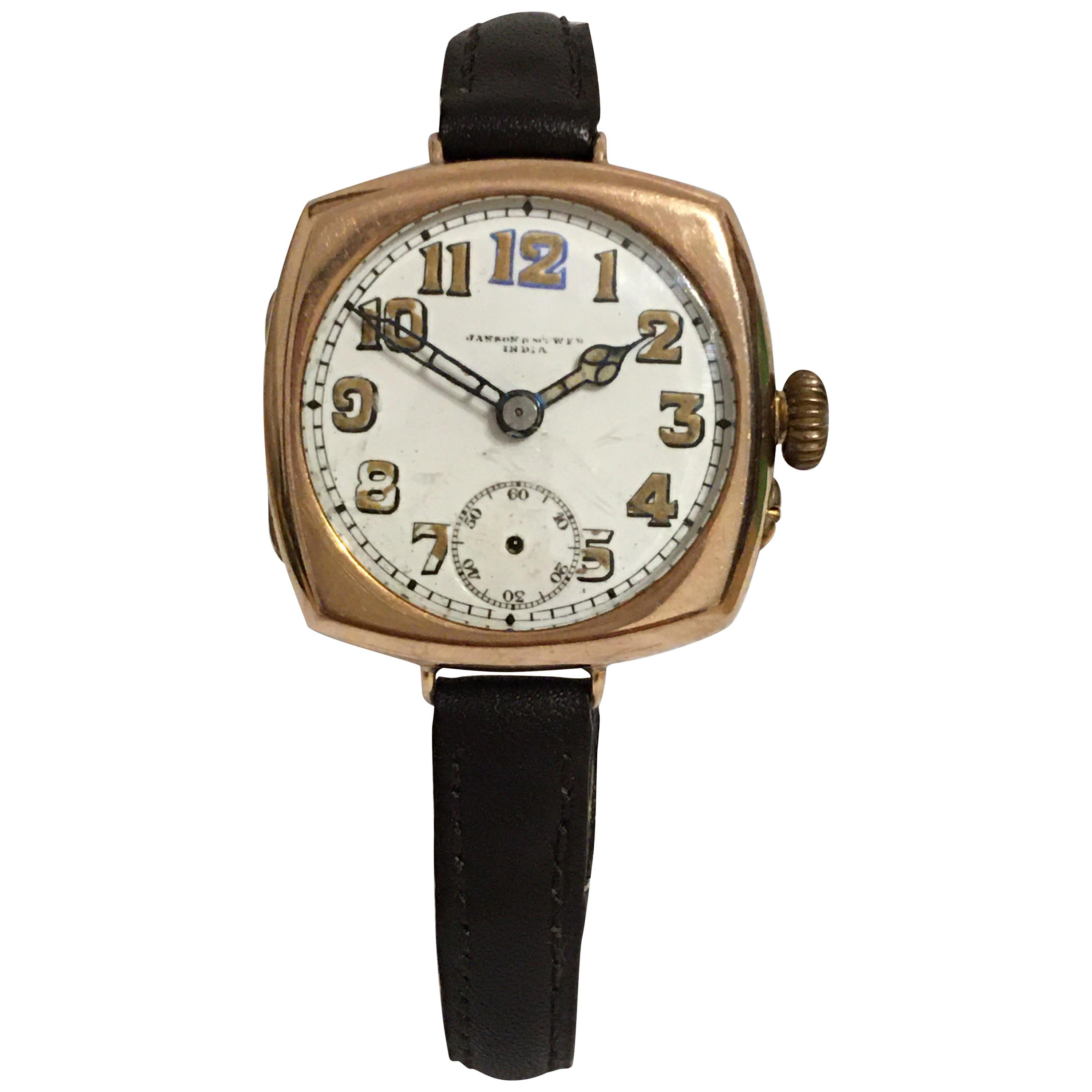 Antique 9 Karat Gold Square Trench Watch For Sale