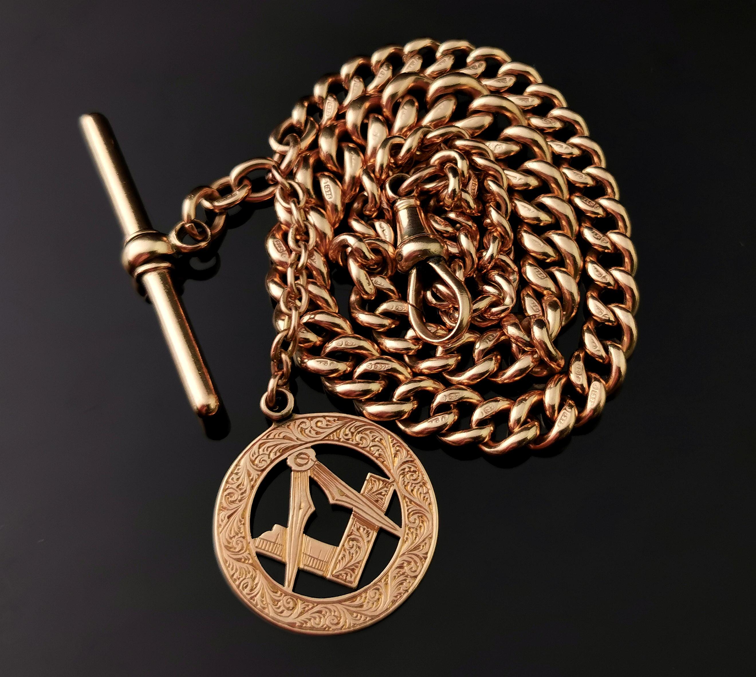 Antique 9 Karat Rose Gold Albert Chain, Masonic Fob 1