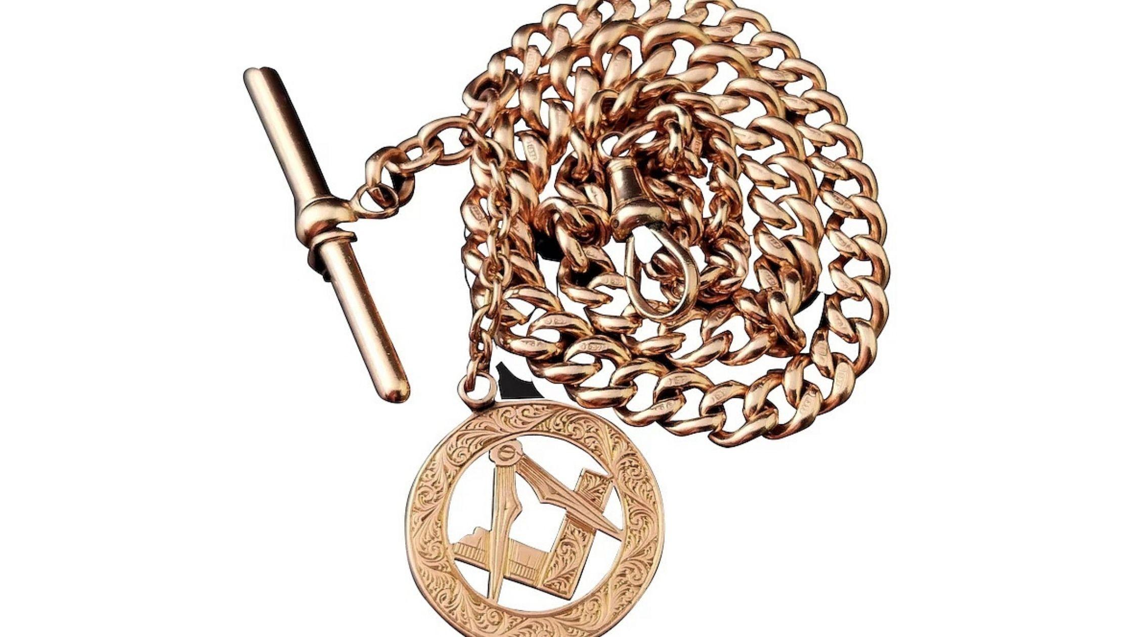 Antique 9 Karat Rose Gold Albert Chain, Masonic Fob