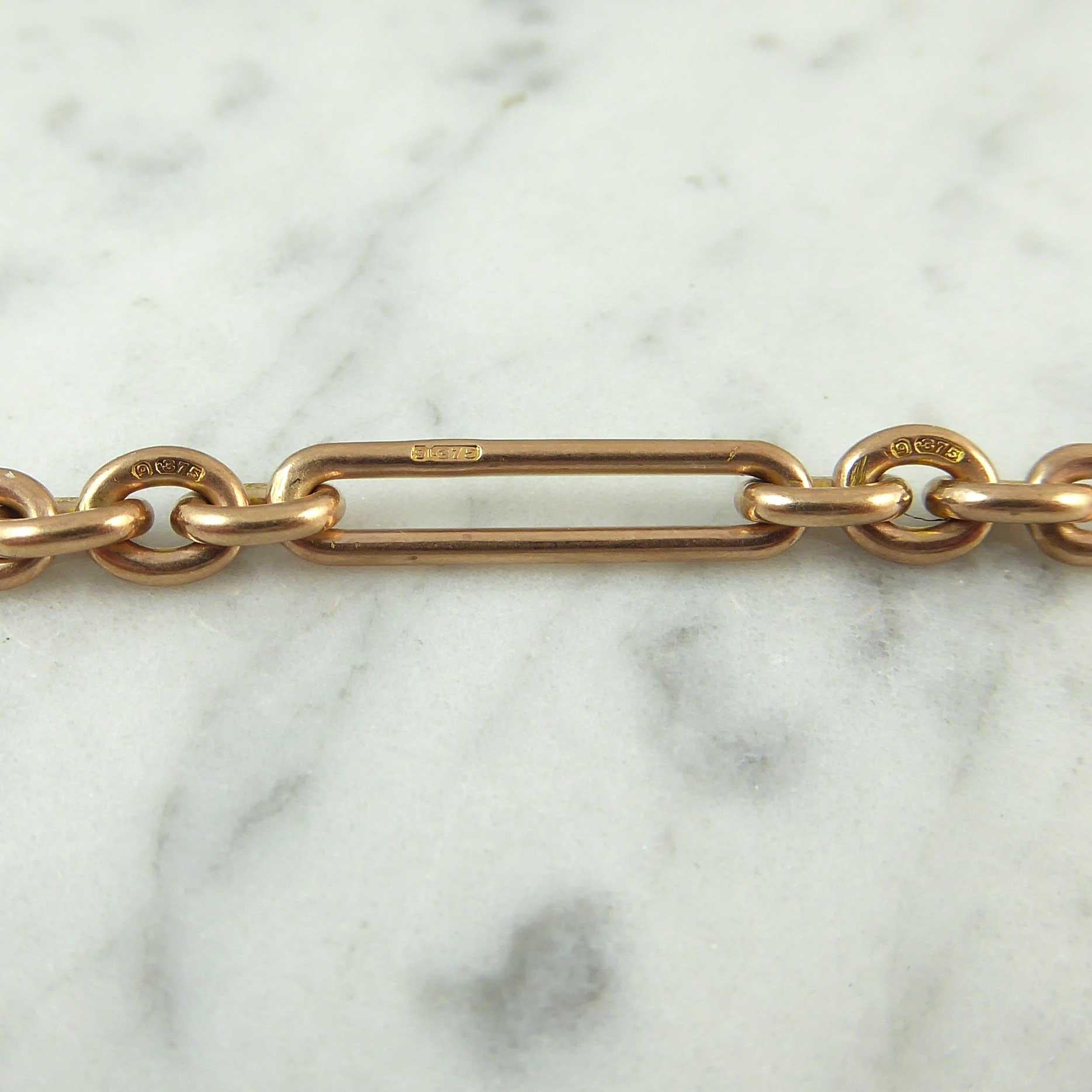 Antique 9 Karat Rose Gold Albert Watch Chain, Birmingham, 1912, T-Bar Pendant 1