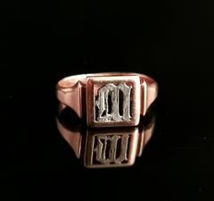 Antique 9 Karat Rose Gold Signet Ring, Initial M, Silver