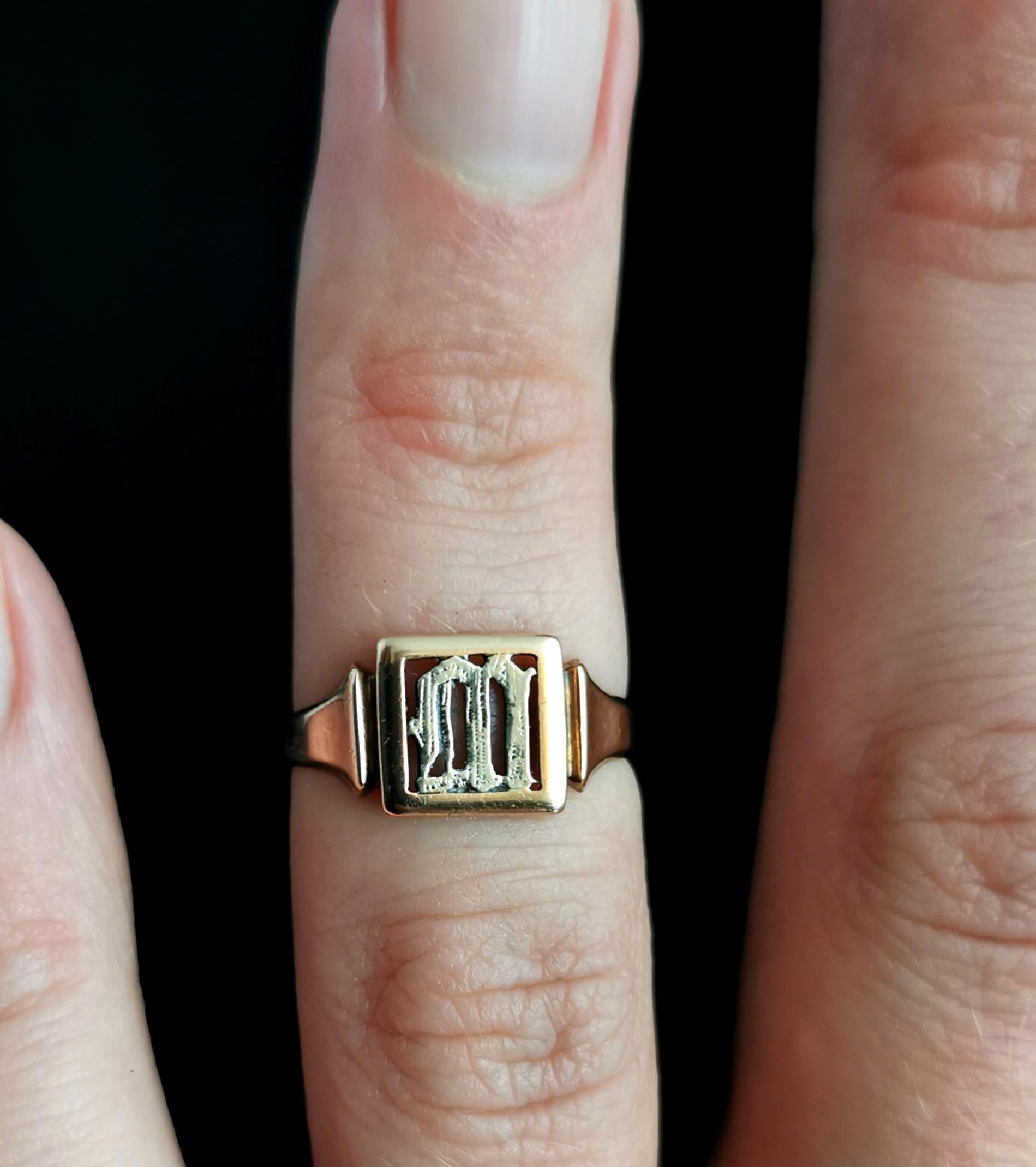 Art Deco Antique 9 Karat Rose Gold Signet Ring, Initial M, Silver