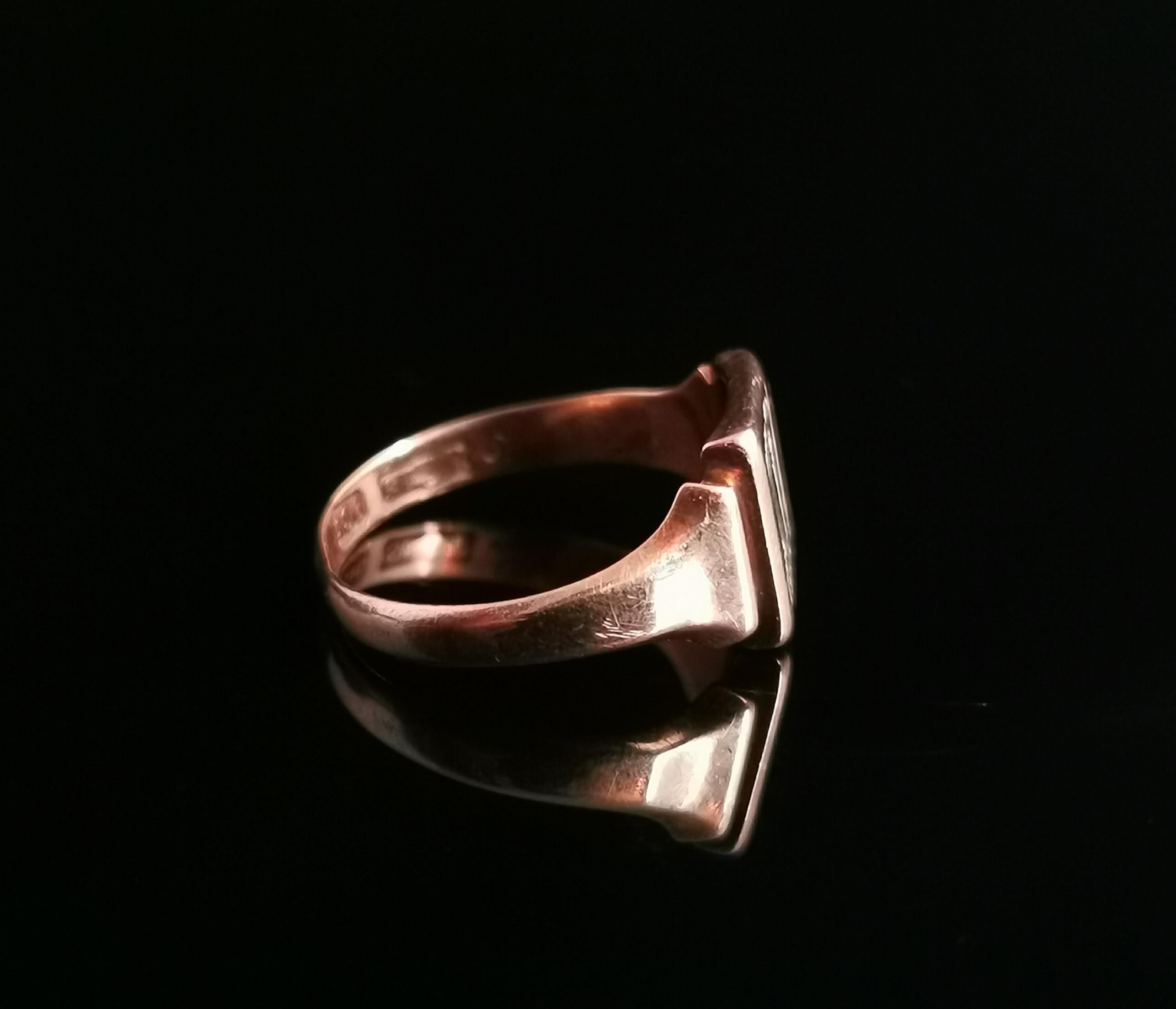 Antique 9 Karat Rose Gold Signet Ring, Initial M, Silver In Fair Condition In NEWARK, GB