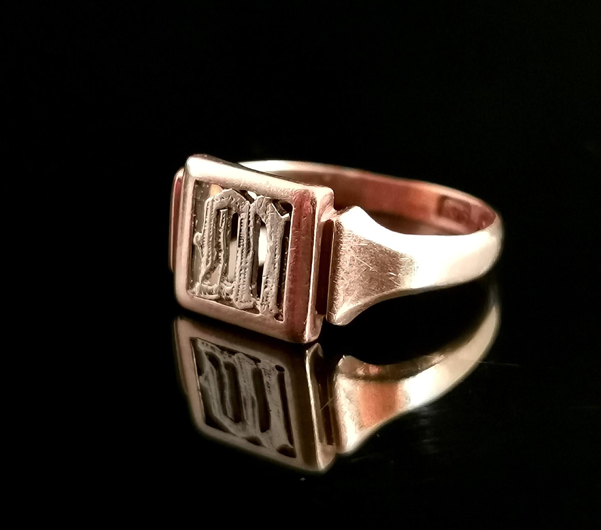 Women's or Men's Antique 9 Karat Rose Gold Signet Ring, Initial M, Silver