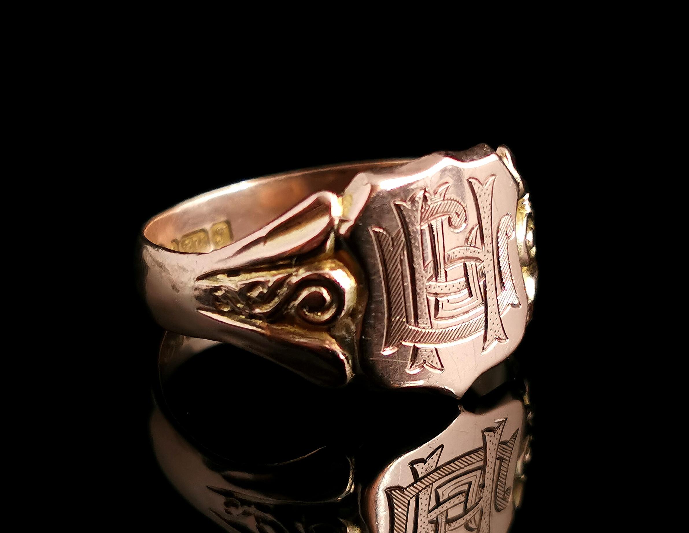 Edwardian Antique 9 Karat Rose Gold Signet Ring, Monogrammed