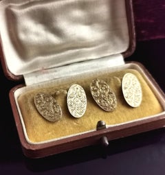 Antique 9 Karat Yellow Gold Cufflinks, Floral Engraved, Boxed