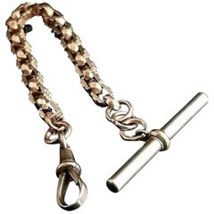 Antique 9 Karat Yellow Gold Fancy Link Watch Chain Bracelet, Albert Chain