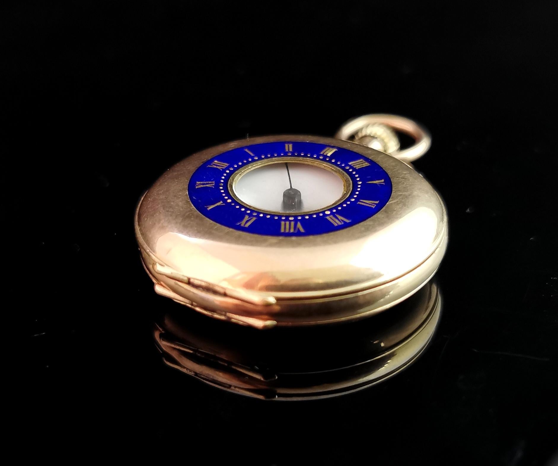 Antique 9 Karat Yellow Gold Half Hunter Pocket Watch, Blue Enamel, 1910s 4