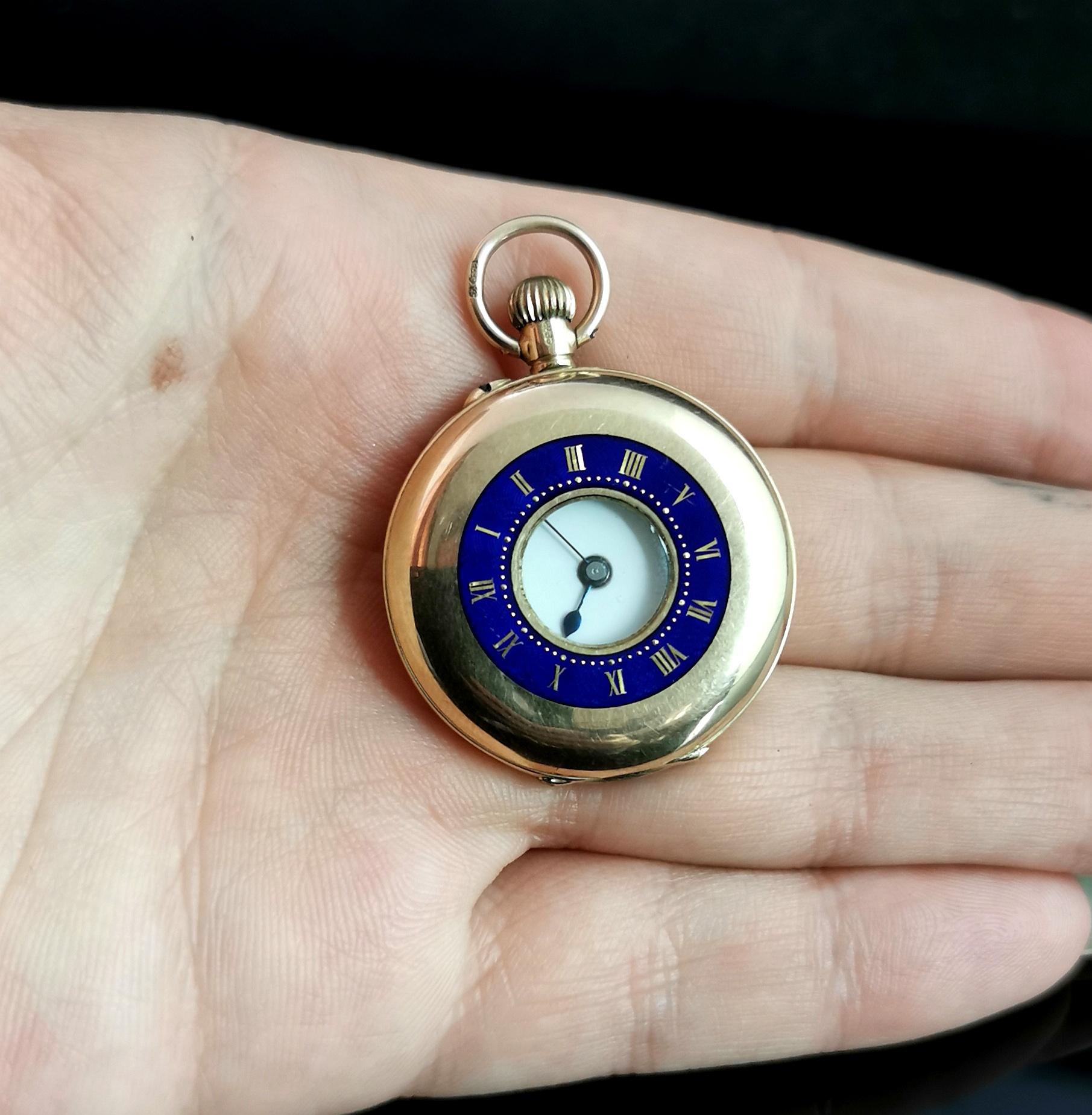 Antique 9 Karat Yellow Gold Half Hunter Pocket Watch, Blue Enamel, 1910s 8