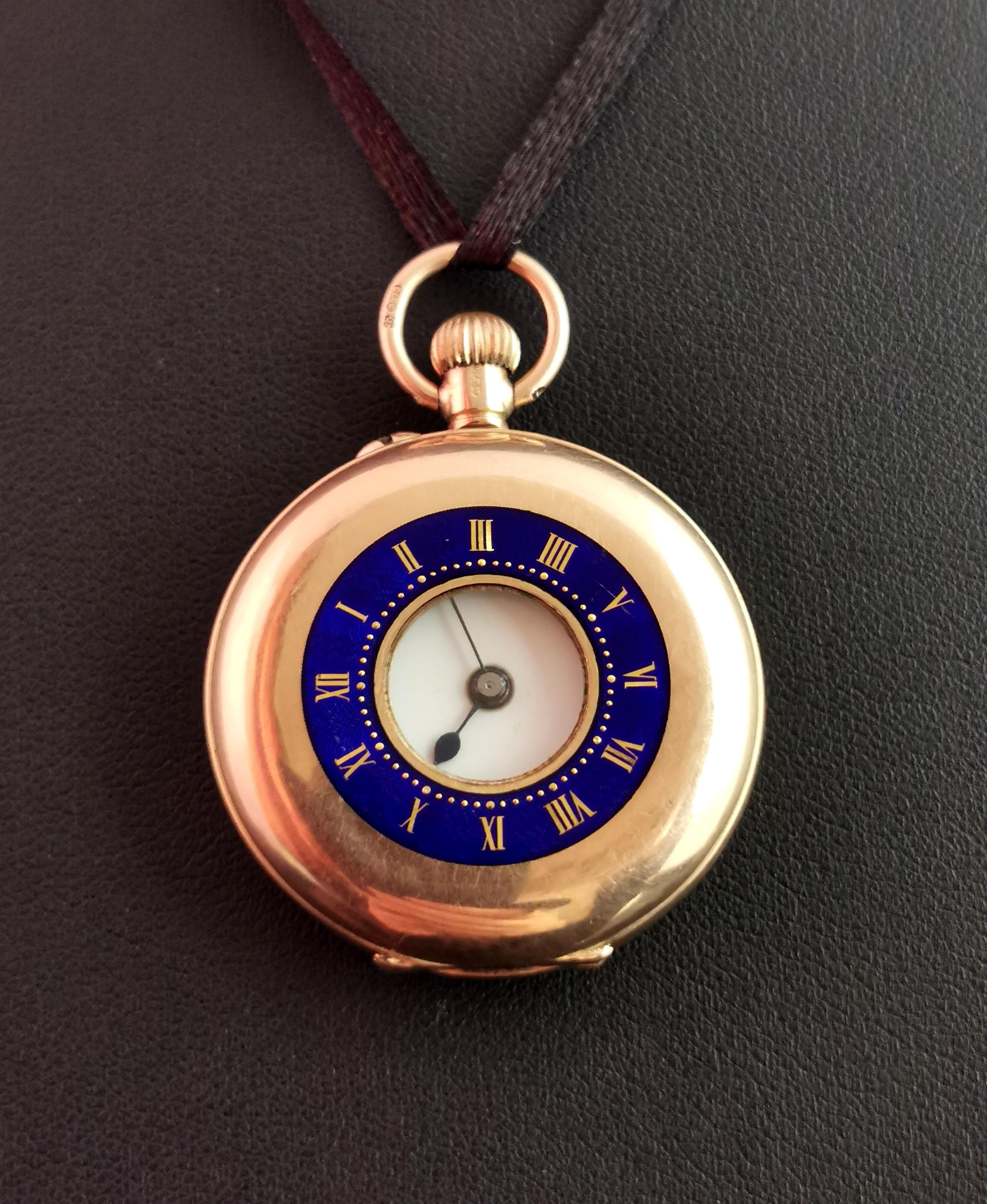 Antique 9 Karat Yellow Gold Half Hunter Pocket Watch, Blue Enamel, 1910s In Good Condition In NEWARK, GB