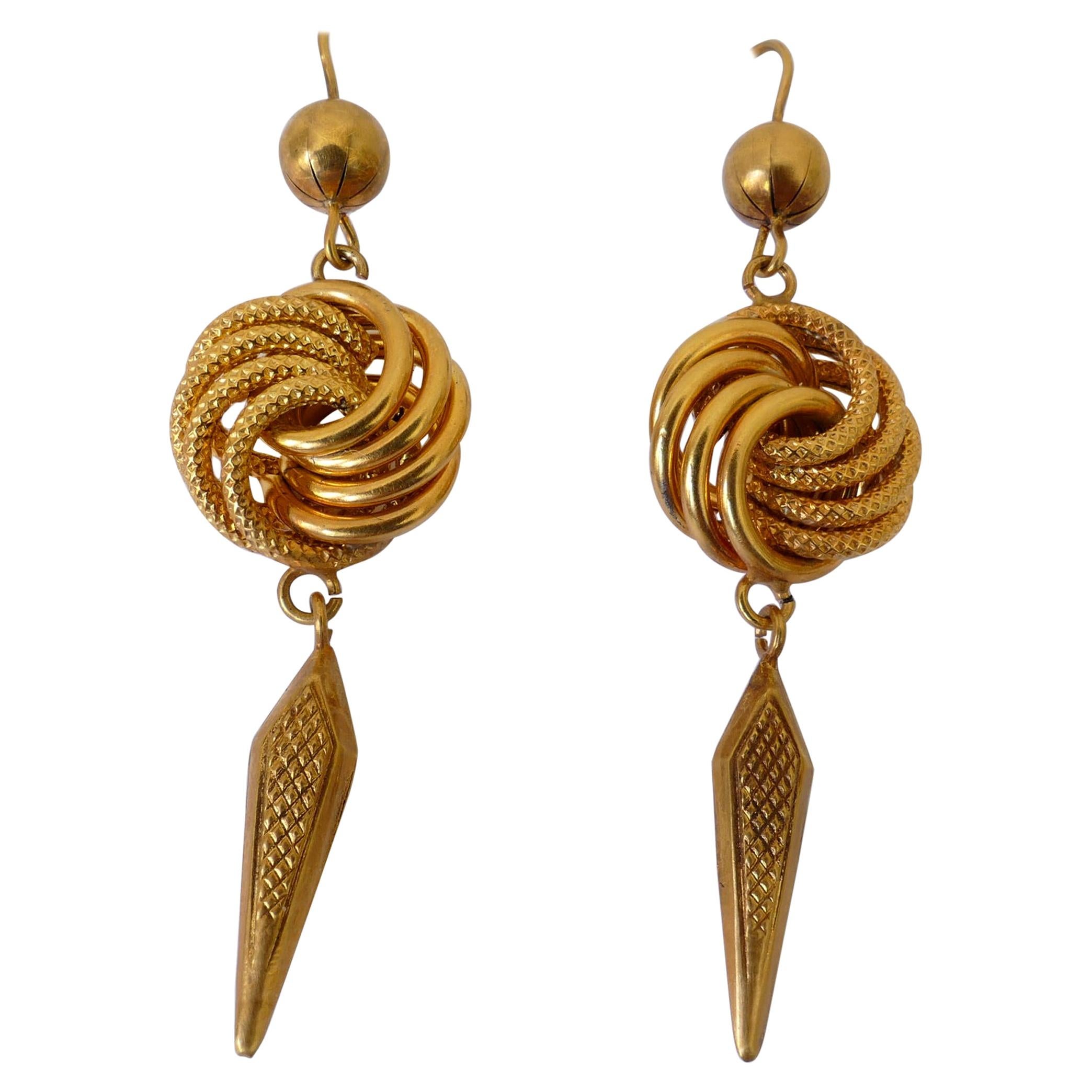 Antique 9 Karat Yellow Gold Knot Drop Earrings For Sale