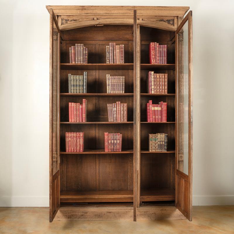 French Antique 9' Tall Carved Bleached Oak Bookcase Display Cabinet from France