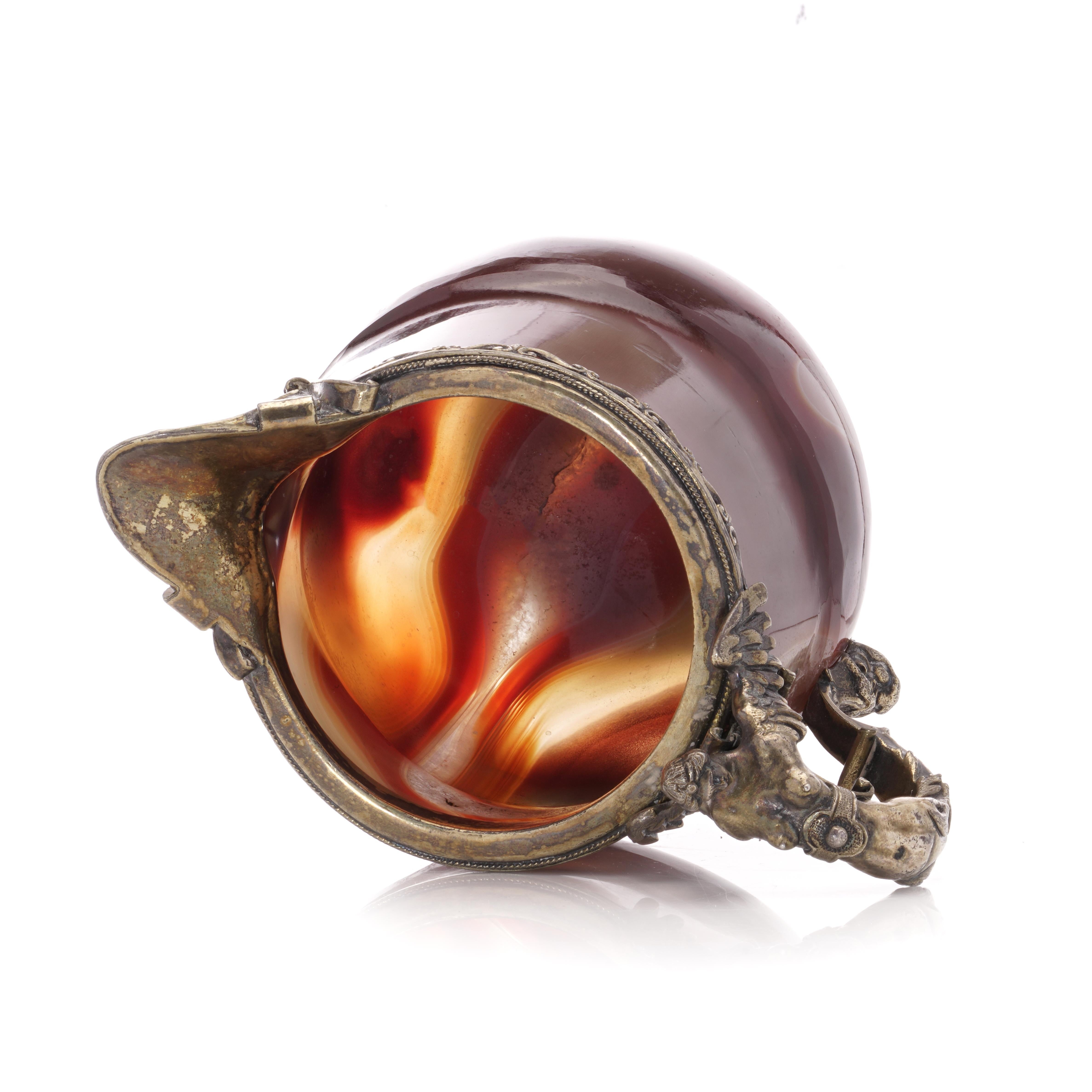 19th Century Antique 900. silver and banded agate cup with highly ornate handle  For Sale
