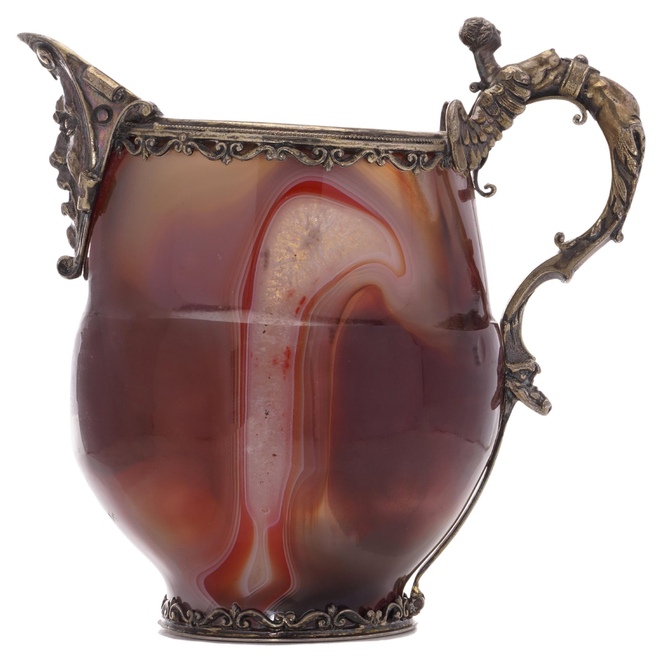Antique 900. silver and banded agate cup with highly ornate handle  For Sale