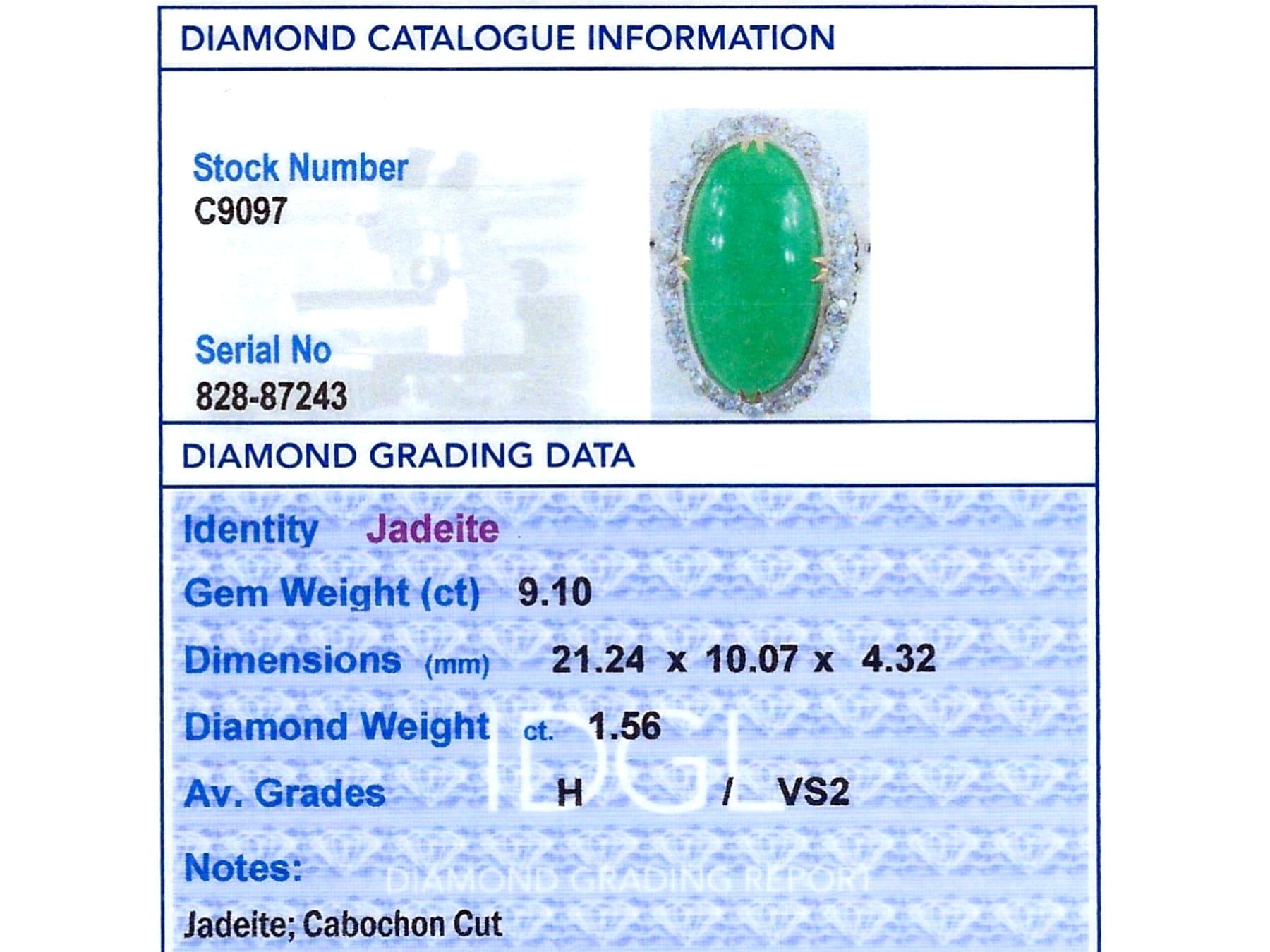 Antique 9.10 Carat Jadeite and 1.56 Carat Diamond 9k Yellow Gold Ring Circa 1910 For Sale 5