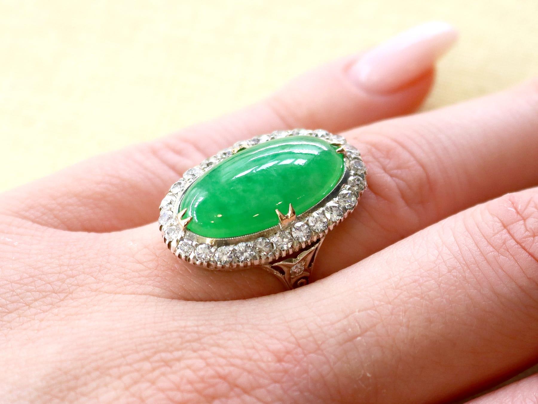 Antique 9.10 Carat Jadeite and 1.56 Carat Diamond 9k Yellow Gold Ring Circa 1910 In Excellent Condition For Sale In Jesmond, Newcastle Upon Tyne