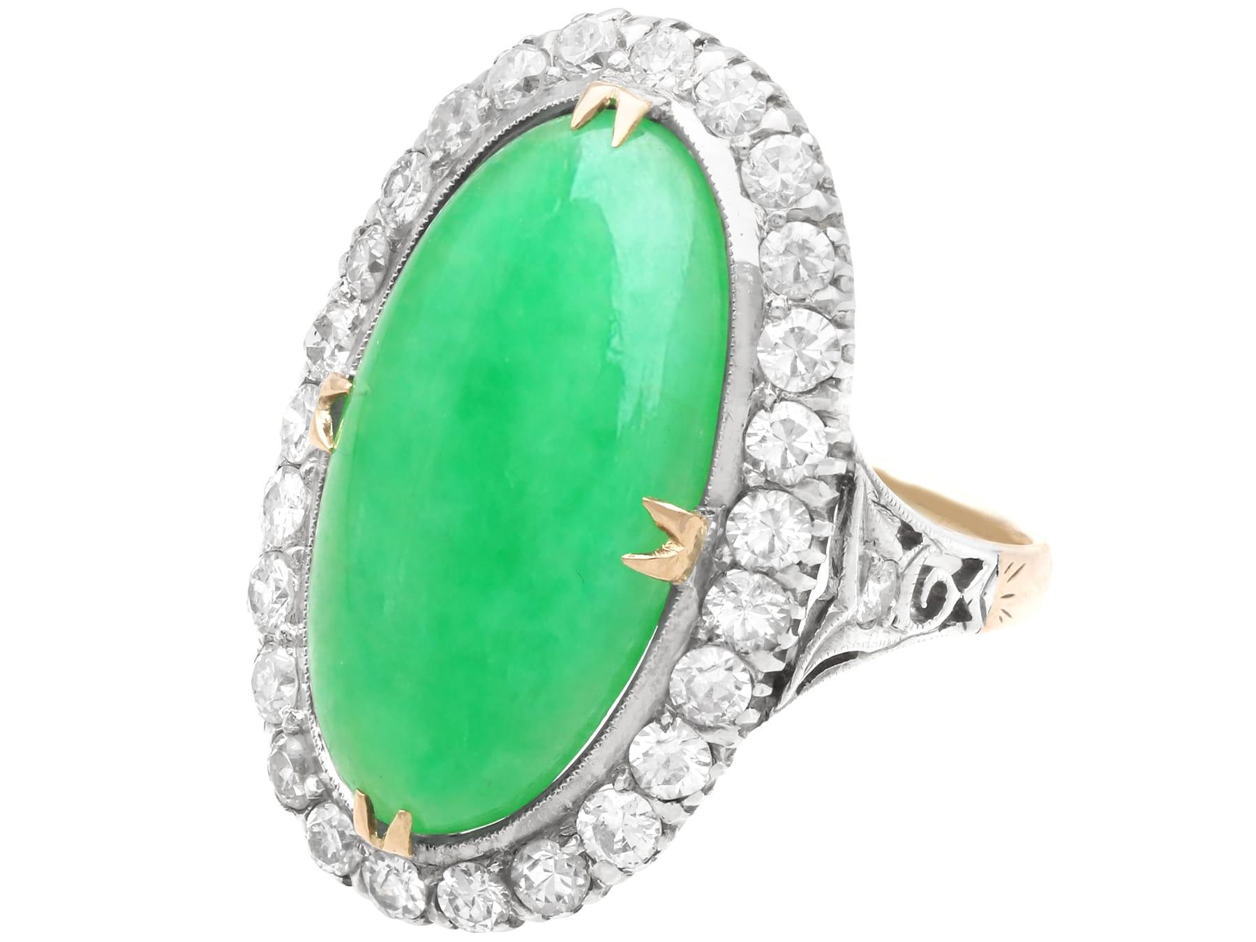 Women's or Men's Antique 9.10 Carat Jadeite and 1.56 Carat Diamond 9k Yellow Gold Ring Circa 1910 For Sale