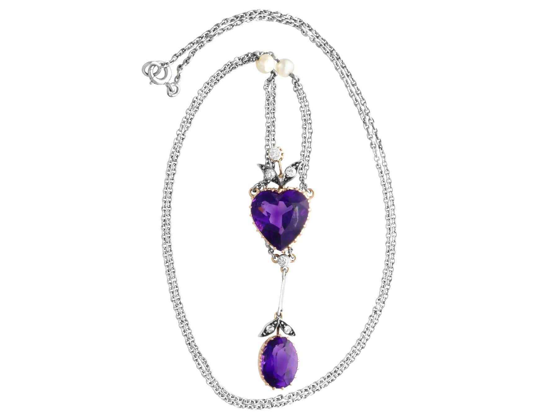 Oval Cut Antique 9.10Ct Amethyst Pearl and 0.20Ct Diamond 14k Yellow Gold Necklace For Sale