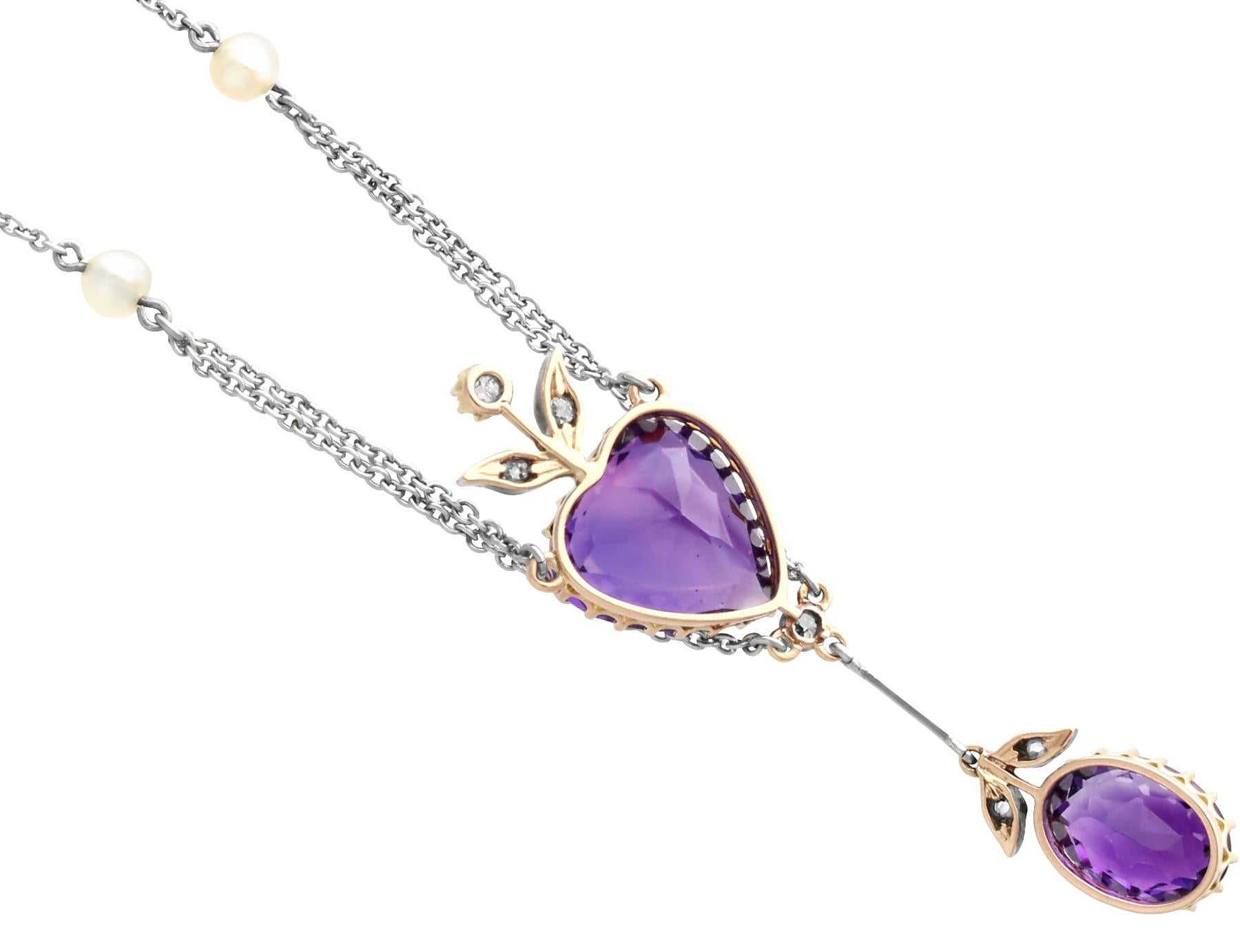 Women's or Men's Antique 9.10Ct Amethyst Pearl and 0.20Ct Diamond 14k Yellow Gold Necklace For Sale